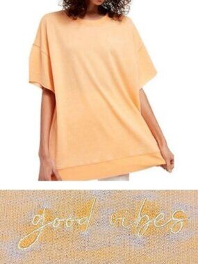 Free People FP Intimately Light Orange Distressed 'Good Vibes' Short Sleeve Top